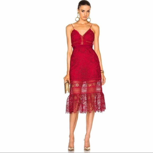 Self Portrait Red Floral Blush Midi Dress Size US 8 - Picture 1 of 16